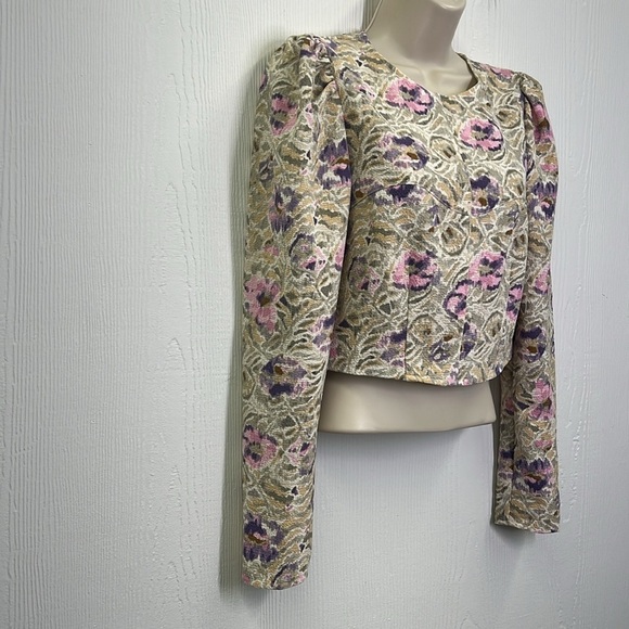 H&M - Purple & Pink Floral Cream Long Sleeve Crew Neck Crop Blouse Size Small - Picture 4 of 11